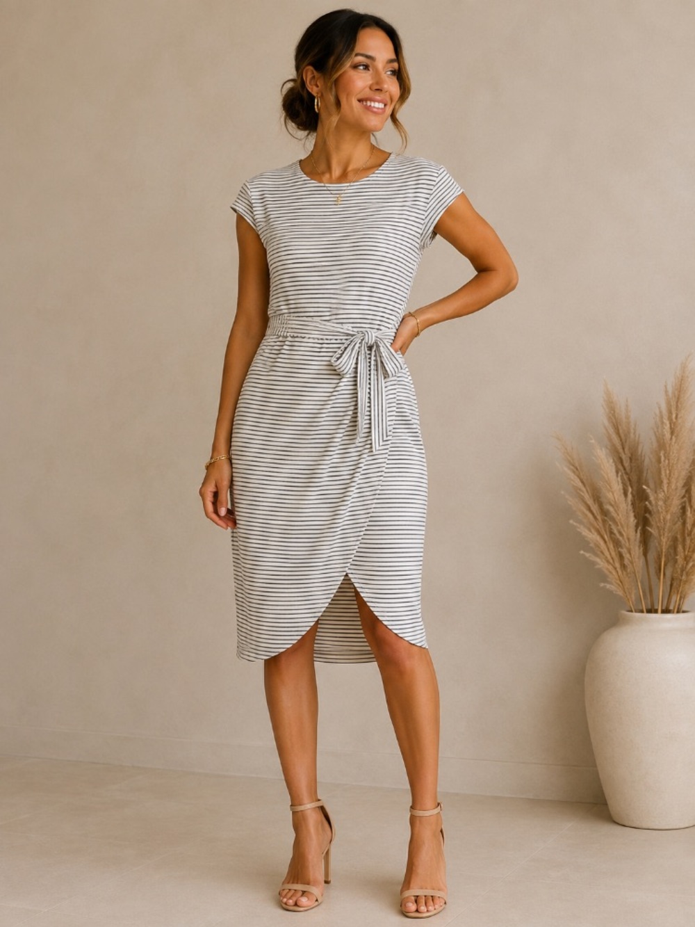 Striped Cap-Sleeve Tie-Waist Midi Dress in white and grey